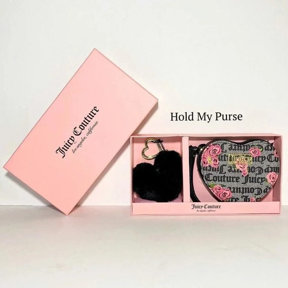 Juicy Couture Black Blossoms Heart Wristlet & Pom Pom Keychain Charm Gift Set - Picture 7 of 8